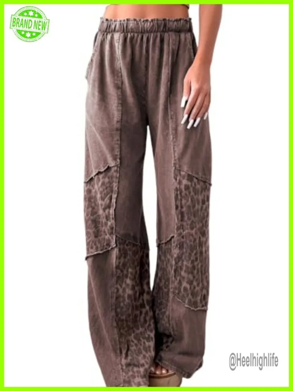 Patchwork Leopard Straight Wide Leg Pants Elastic Waist Relaxed Fit Casual